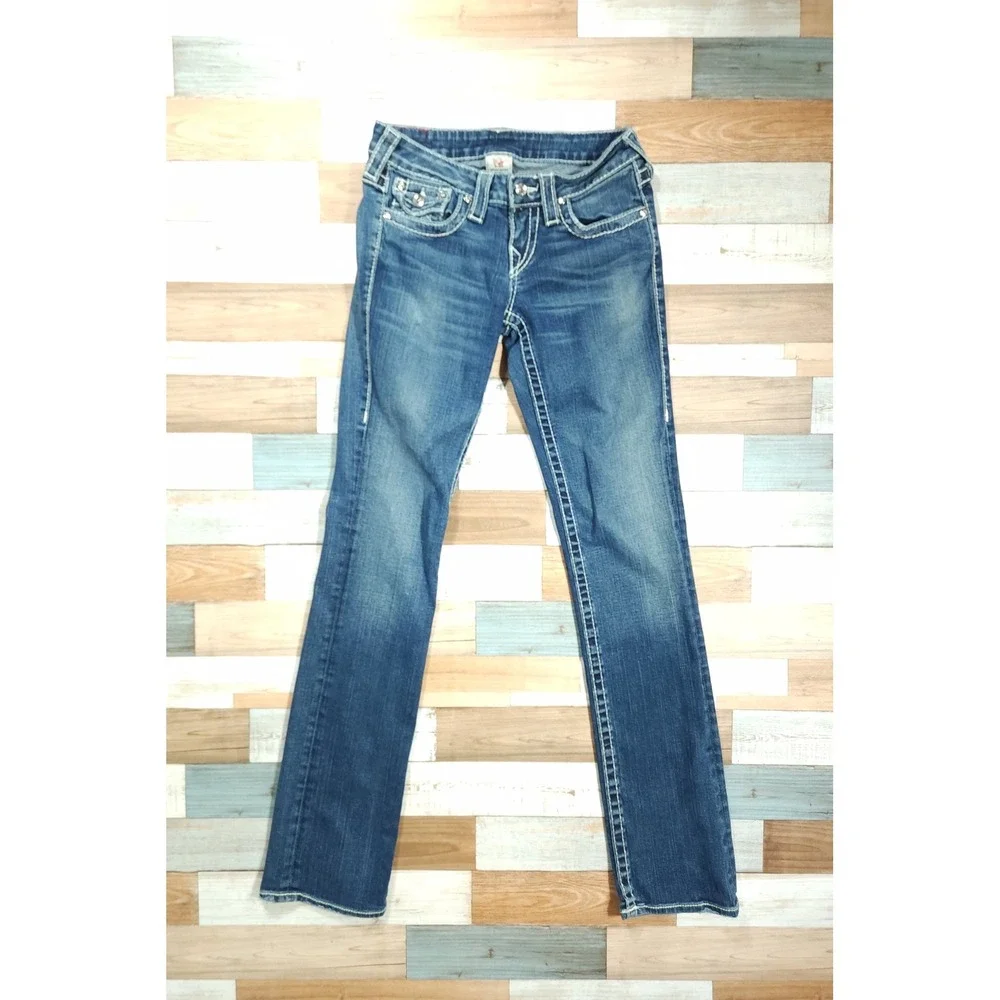 True‎ Religion Blue Bootcut Distressed Embellished Pockets High Rise Jeans Sz 26